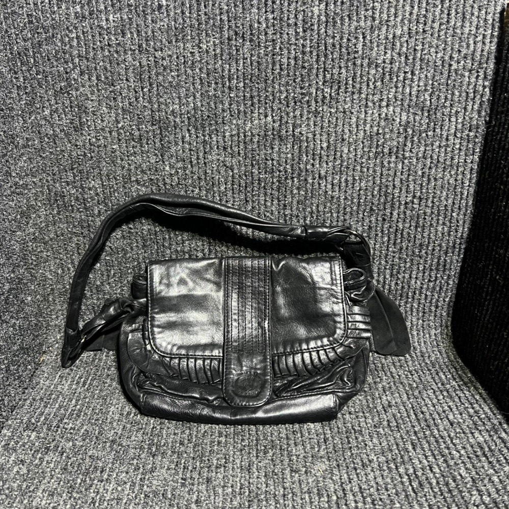 Armani Exchange Shoulder Bag Womens Small Black Leather Ruffle Pleated Y2K Edgy